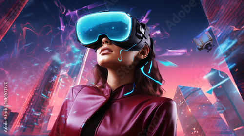 A young woman in the metaverse, wearing a VR headset background in an imaginary future city. Generative AI © Gennie Fx