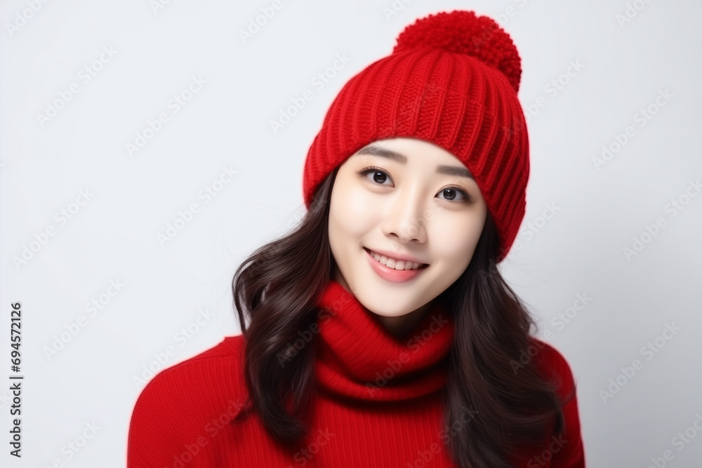 young pretty asian woman wearing red knitted sweater, scarf and hat, posing on isolated white studio background young pretty asian woman wearing red knitted sweater, scarf and hat, posing on isolated white studio background