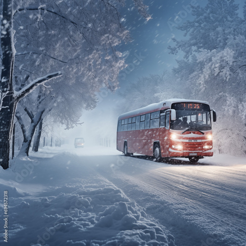 Bus on the road in the winter city at night under snowfall