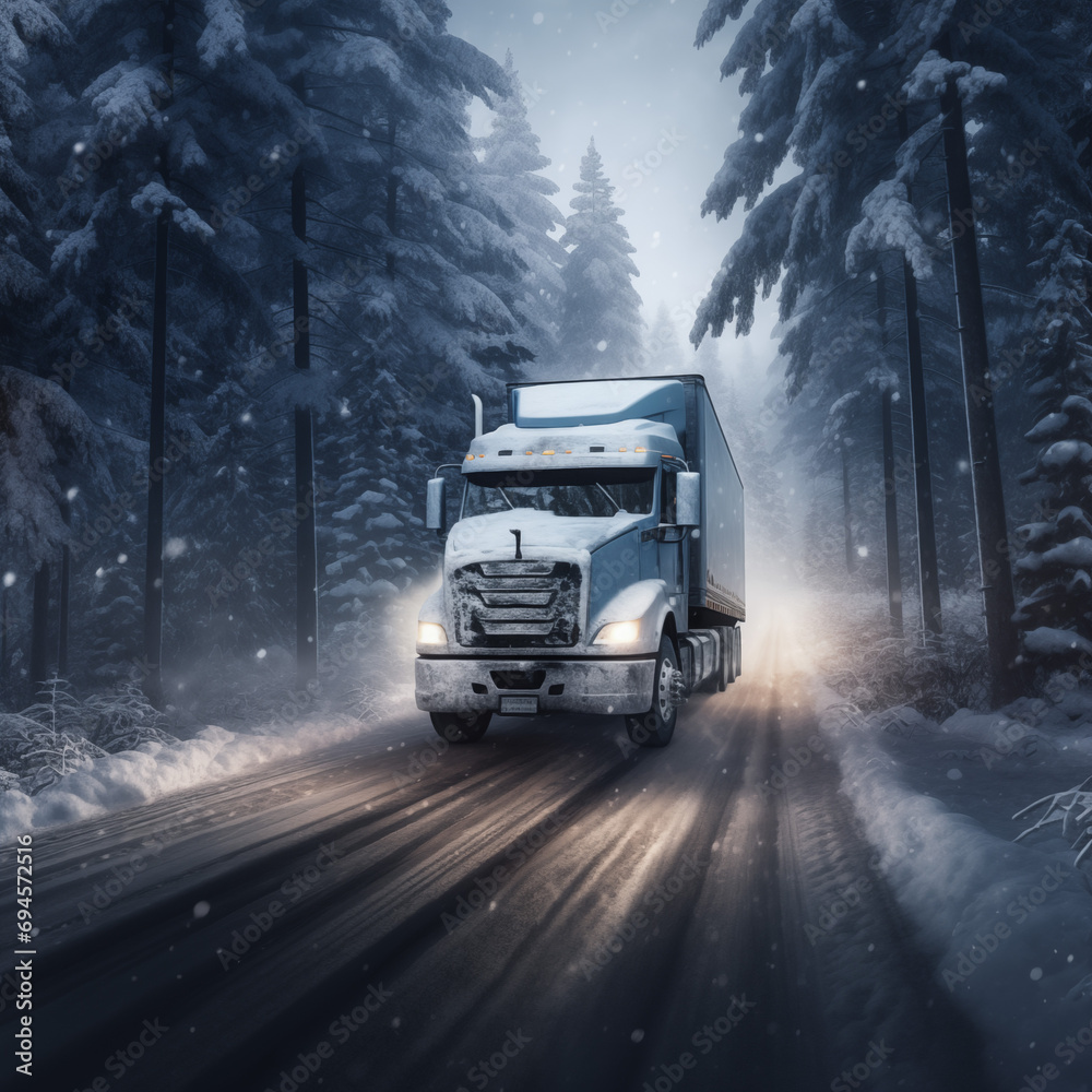 Truck on winter road with snow and fog.