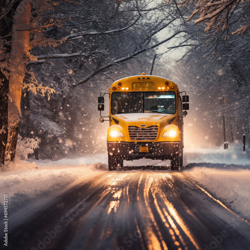 Bus on the road in the winter city at night under snowfall photo