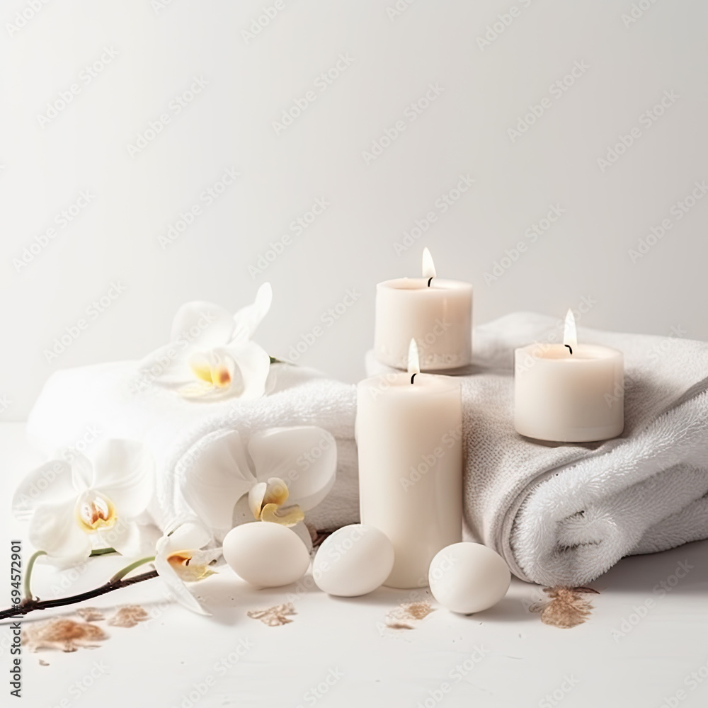 Light beautiful spa composition with towels, white burning candles, orchid flowers on beige background. Advertising concept