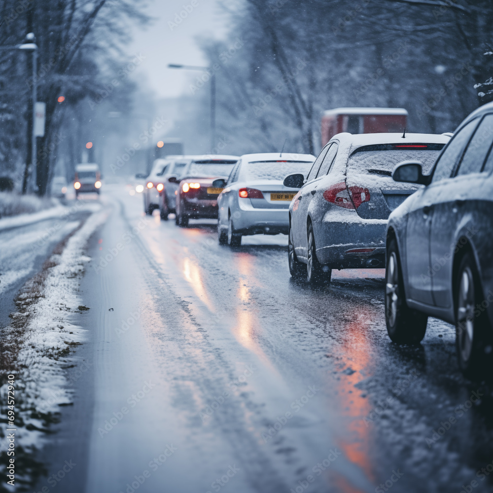 Obraz premium Traffic on a winter road with heavy snowfall in the city.