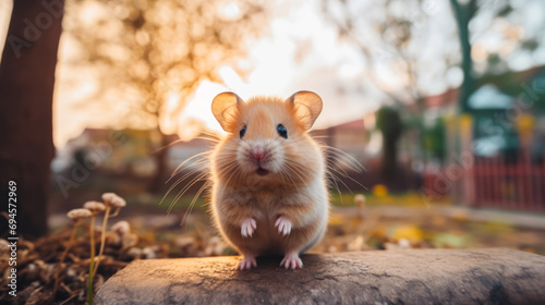 cute golden hamster standing on a rock outdoors with a soft-focus background at sunset. photo