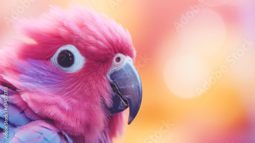 close-up photo of a pink parrot with a vibrant orange bokeh background. © Enigma
