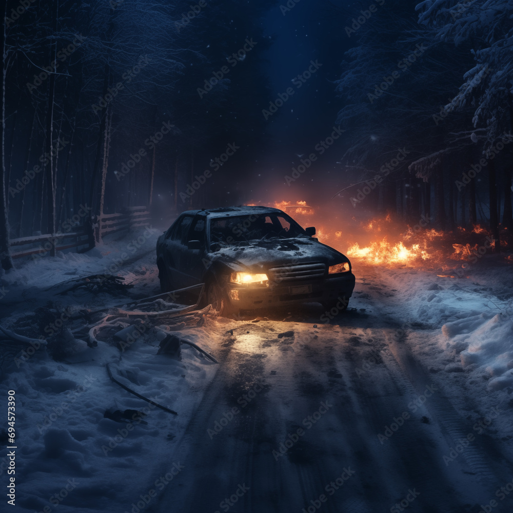 Car accident on the road at night in winter. Car accident on the road.
