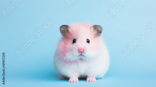 fluffy white and pink hamster facing forward with a soft blue background. photo