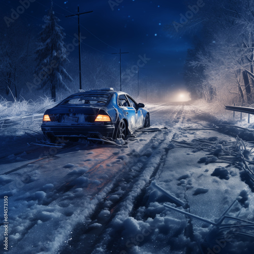 Car accident on the road at night in winter. Car accident on the road. © Kateryna