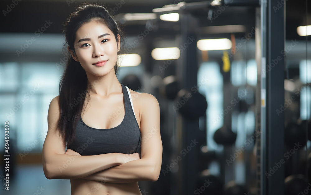 Happy beautiful young asian woman in a gym.