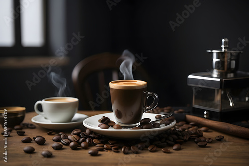 Concept photo of cup of coffee with beans