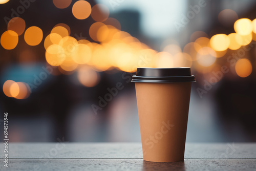 Brown paper cup with black plastic lid on the street with blurred background, winter time, christmas light, bokeh