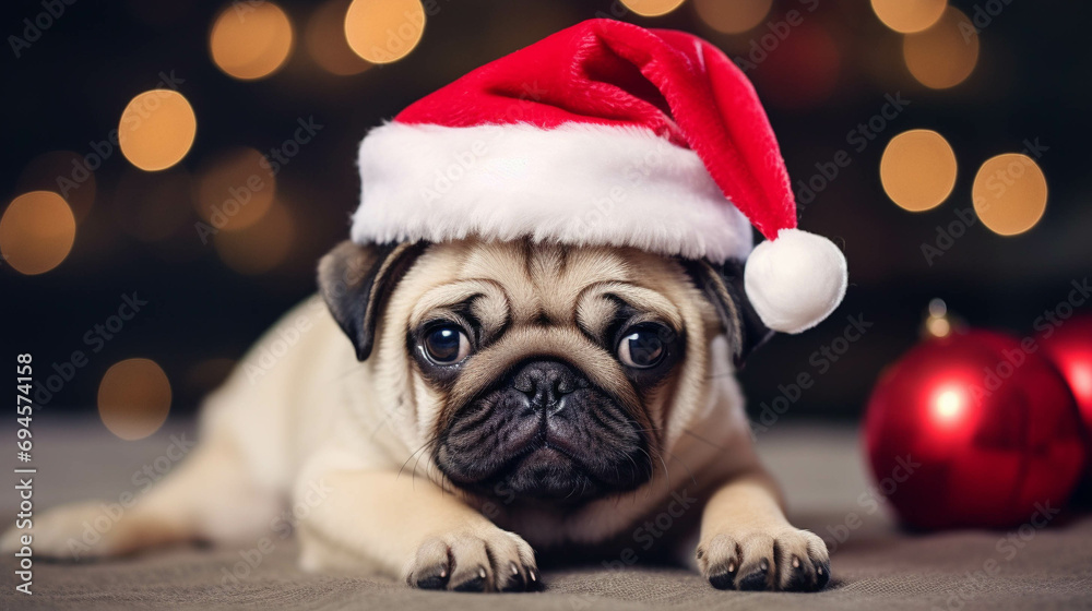 Cutie dog wearing a Christmas hat 