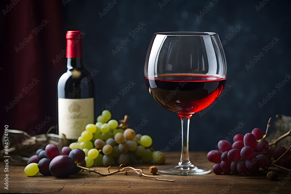 Concept photo of red wine in glass with grapes