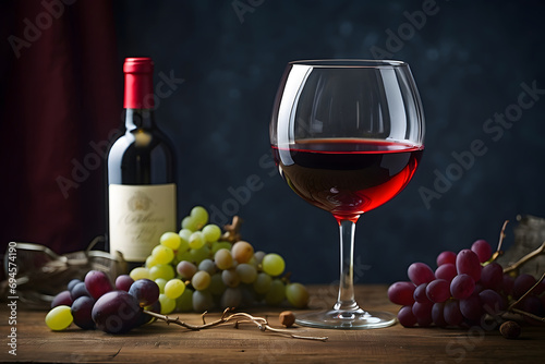 Concept photo of red wine in glass with grapes