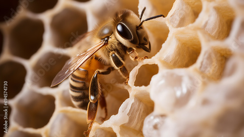 Gros plan sur une jeune abeille dans une ruche qui vient juste de naître. photo