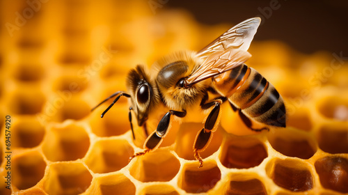 Une jeune abeille posée sur les alvéoles d'une ruche.