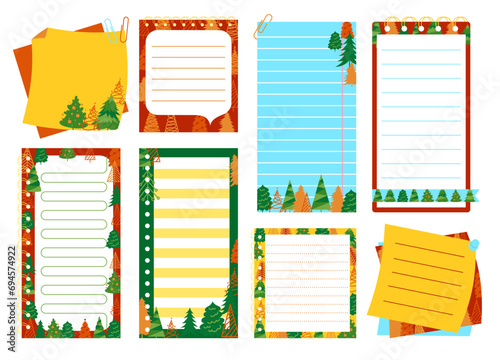 Notepaper lined or grid Notepad set with Christmas tree design. New Year schedule planner, note paper, to do list page sticker collection. Stationery copybook frame with xmas pine vector illustration