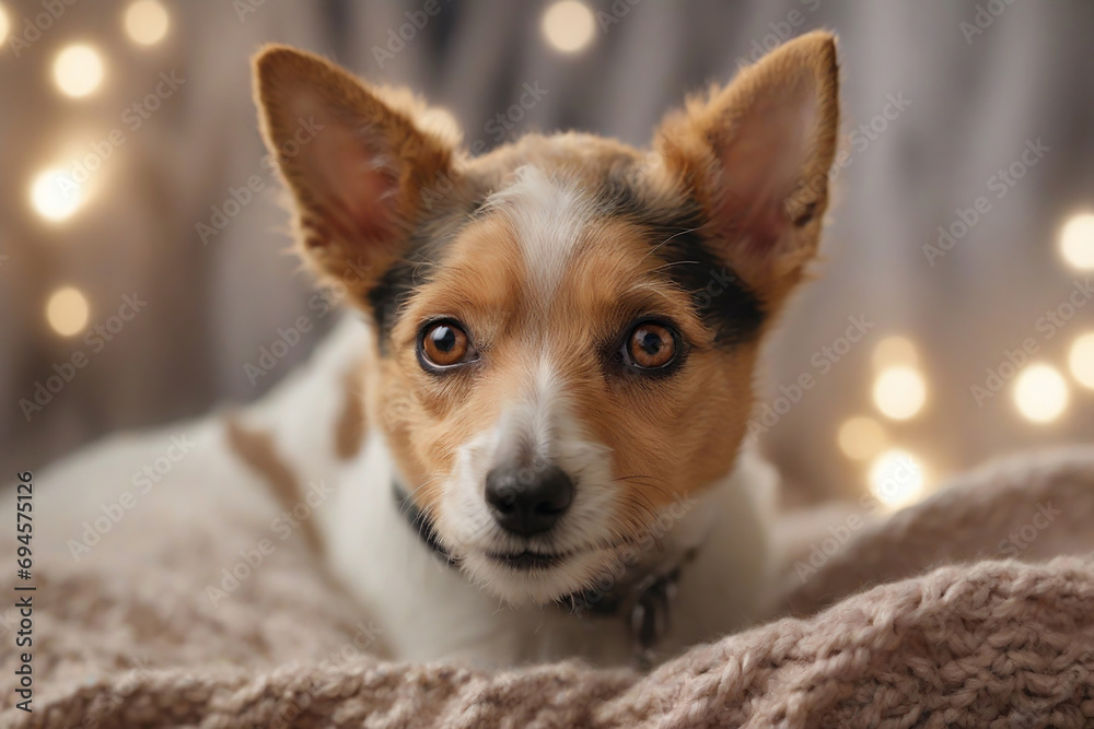Fantastic close-up photo of a cute funny Fox terrier on a blanket background Fantastic close-up photo of a cute funny Fox terrier on a blanket background