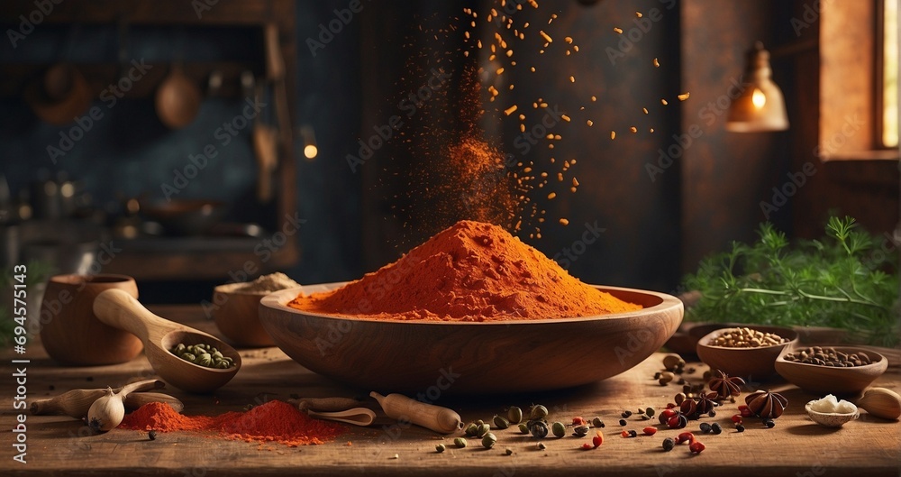 A surreal digital art piece where the rustic kitchen countertop transforms into a canvas, wooden spoons holding levitating spices -Generative Ai - obrazy, fototapety, plakaty 