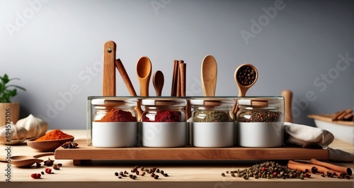 A sleek and modern spice rack with two wooden spoons, each cradling fragrant spices such as cinnamon, cardamom, and cloves -Generative Ai photo