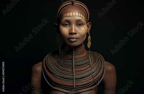 Resilient Long neck tribal woman. Woman wearing neck rings old tradition. Generate ai photo