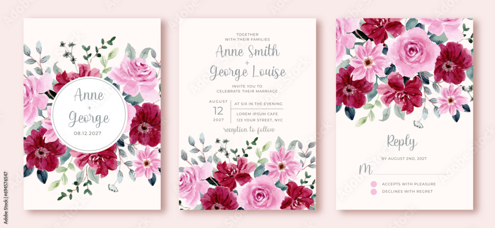 wedding invitation set with pink red floral watercolor