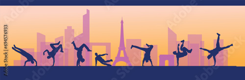 Great editable vector file of breakdancer silhouette in the front of Paris skyline with classy and unique style best for your digital design and print mockup photo