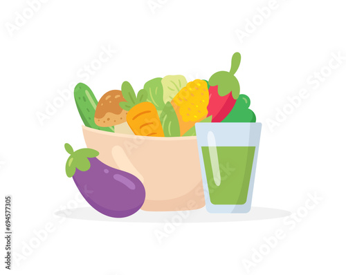 Vector illustration of a bowl with vegetables and a glass of smoothie