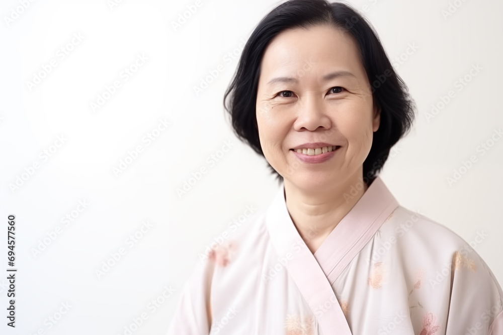 A senior asian Woman in a Kimono Smiling at the Camera A senior asian Woman in a Kimono Smiling at the Camera