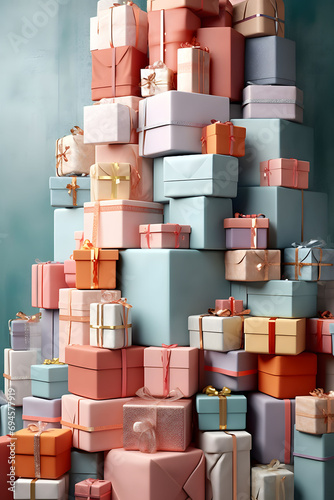 Photography of many gifts pastel colors,minimal background.