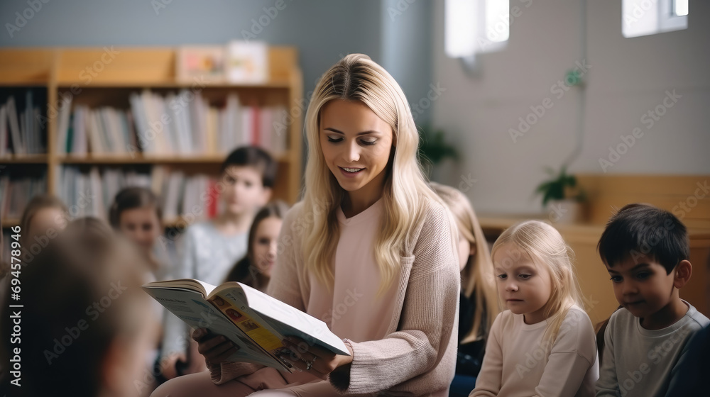 young beautiful teacher reading a book surrounded by children, school class, students, kindergarten, woman, girl, lady, schoolchildren, education, study, knowledge, textbook, interior, room, people - obrazy, fototapety, plakaty 