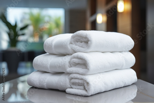A stack of pristine white towels neatly arranged, illustrating the concept of cleanliness and luxury in hospitality. Generative Ai.