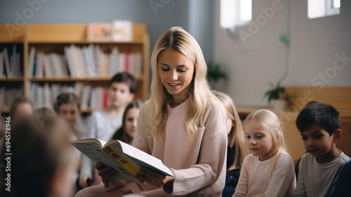 young beautiful teacher reading a book surrounded by children, school class, students, kindergarten, woman, girl, lady, schoolchildren, education, study, knowledge, textbook, interior, room, people