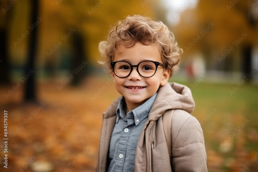 portrait of cute little boy in glasses in autumn park, outdoors portrait of cute little boy in glasses in autumn park, outdoors