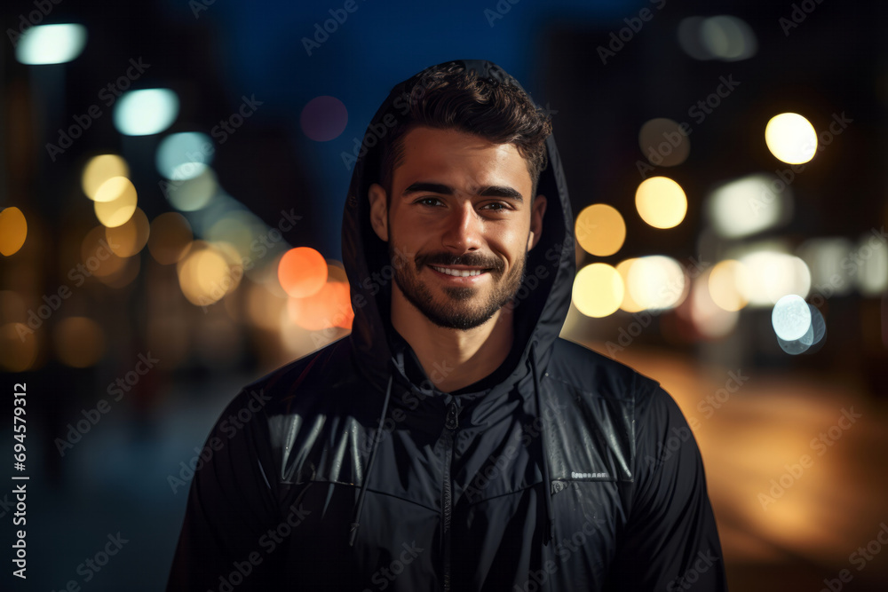 Portrait of a handsome young man on the street at night.