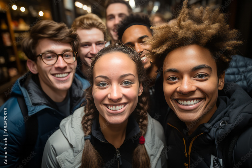 group of smiling multicultural friends looking at camera in street, friendship concept group of smiling multicultural friends looking at camera in street, friendship concept