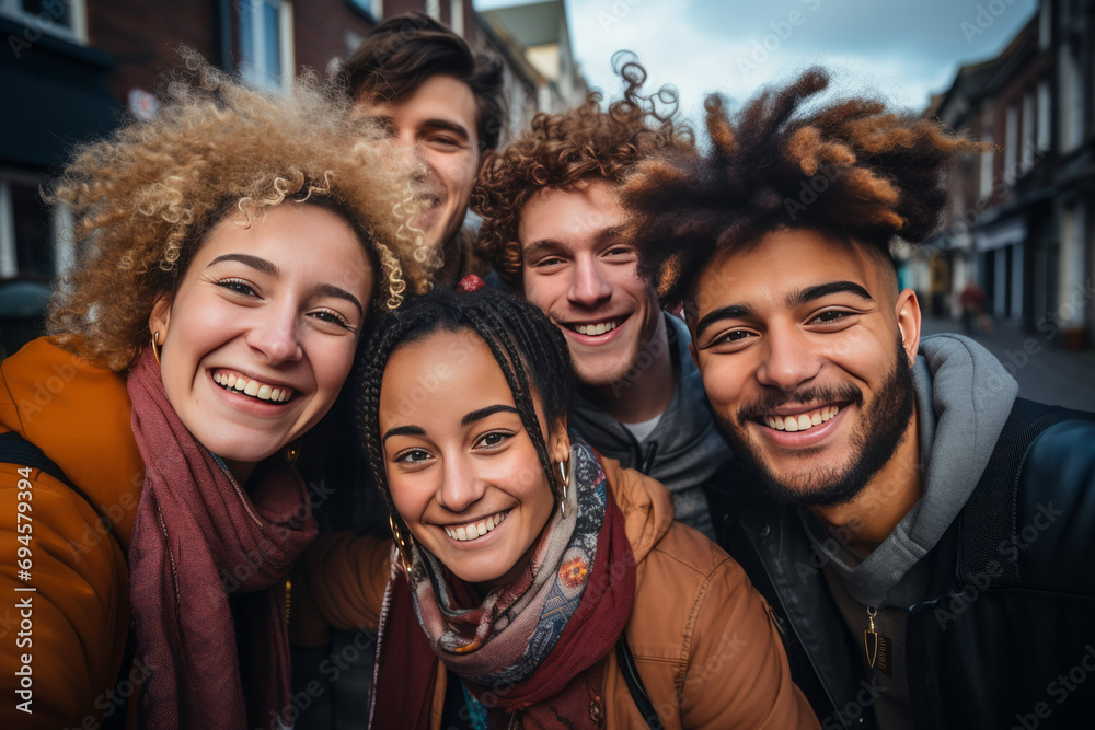 Multiracial group of friends walking and having fun in the city.