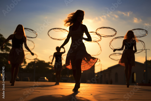 Shadows of girls dancing with hula hoops, their movements creating dynamic patterns of light and shadow on the pavement. Generative Ai.