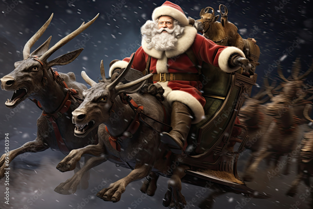 Santa Claus, Father Christmas, Saint Nicholas, Saint Nick, Kris Kringle, in red suit and hat, on a reindeer sleigh, Rudolph, Dasher, Dancer, Prancer, Vixen, Comet, Cupid, Dunder, Blixem, delivering