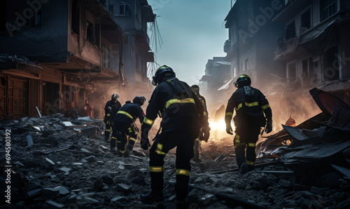 Search and rescue forces searching through a destroyed building and streets  photo