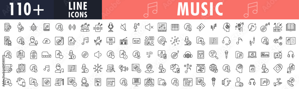 Music line icons set. outline big icon set collection. Audio icons. Microphone, headphone, speaker, equalizer etc. Vector illustration. - obrazy, fototapety, plakaty 