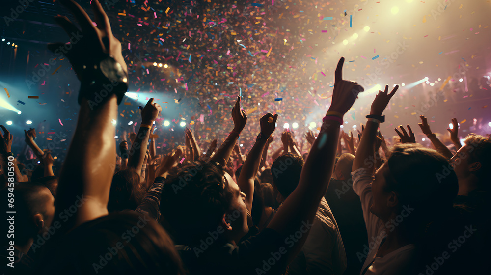 Vibrant concert scene, large enthusiastic crowd, diverse ethnicity, various ages, cheering, waving hands, confetti - obrazy, fototapety, plakaty 