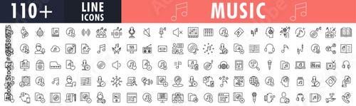 Music line icons set. outline big icon set collection. Audio icons. Microphone, headphone, speaker, equalizer etc. Vector illustration.