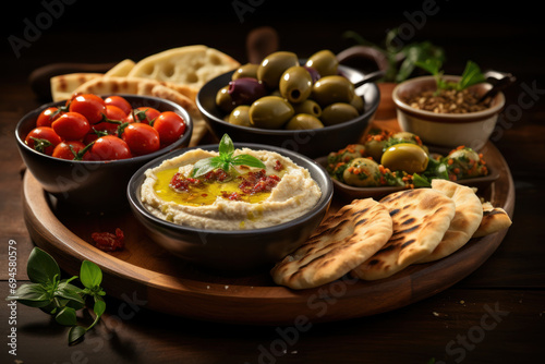 A Mediterranean mezze platter with an assortment of olives, hummus, and pita bread, embodying the communal and shareable nature of Mediterranean dining. Generative Ai.