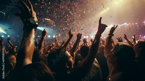 Vibrant concert scene, large enthusiastic crowd, diverse ethnicity, various ages, cheering, waving hands, confetti