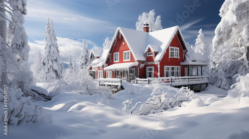 Red wooden house in a serene snowy landscape with snow-covered pine trees under a clear blue sky.