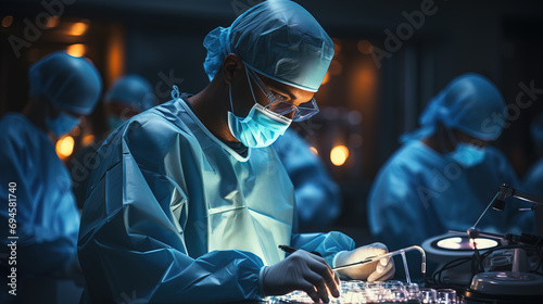 A focused surgeon performing a delicate surgical procedure in a sterile, blue-lit operating room.