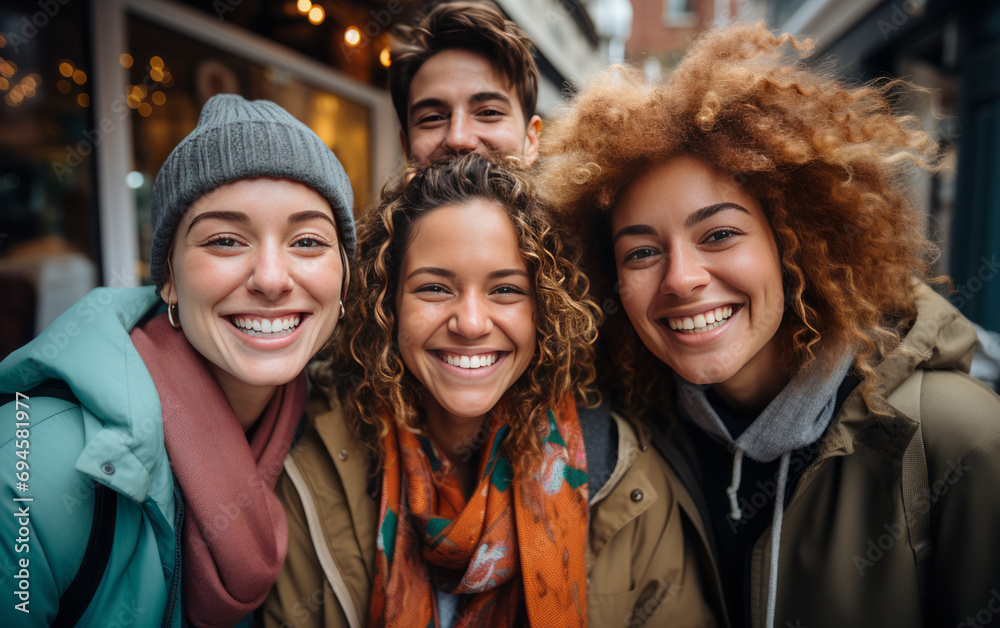 Portrait of a group of friends standing in the street and smiling.