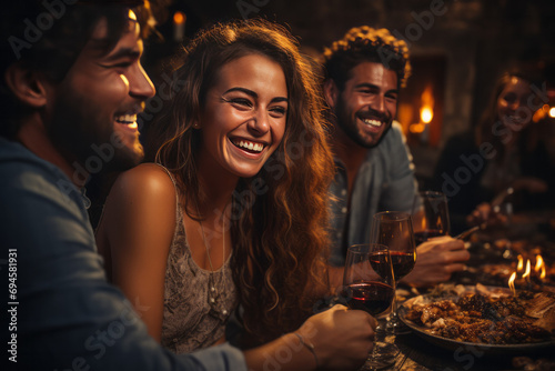 Happy young friends toasting with wine glasses while sitting at table in restaurant