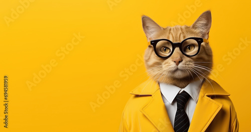 Funny tabby cat in black tie. Serious, handsome cat wearing suit and glasses isolated on yellow background. Professor of the university. Science or education concept with copy space photo